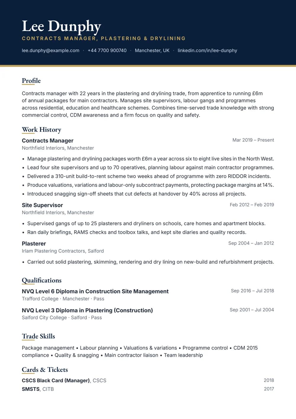 Plastering Contracts Manager CV template