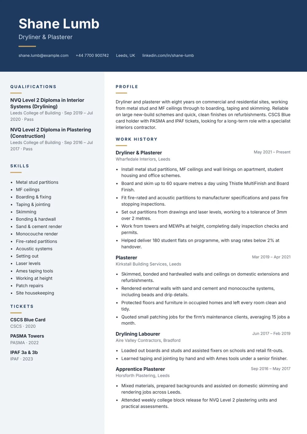 Dryliner & Plasterer CV template
