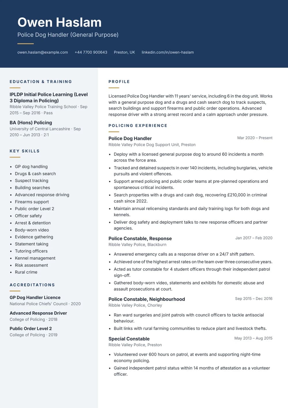 Police Dog Handler CV template