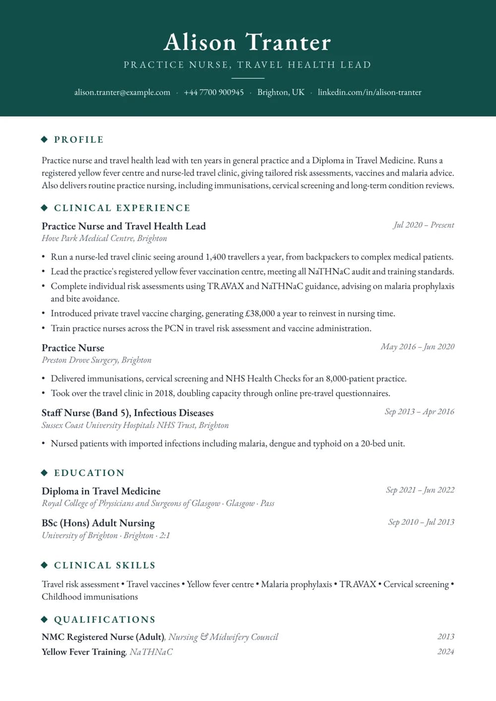 Travel Health Nurse CV template