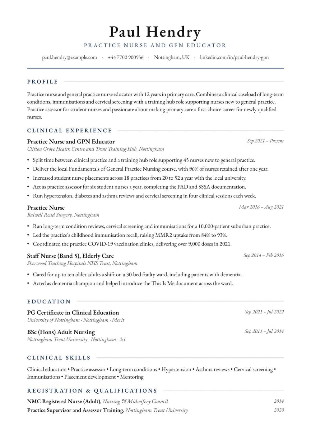 General Practice Nurse Educator CV template