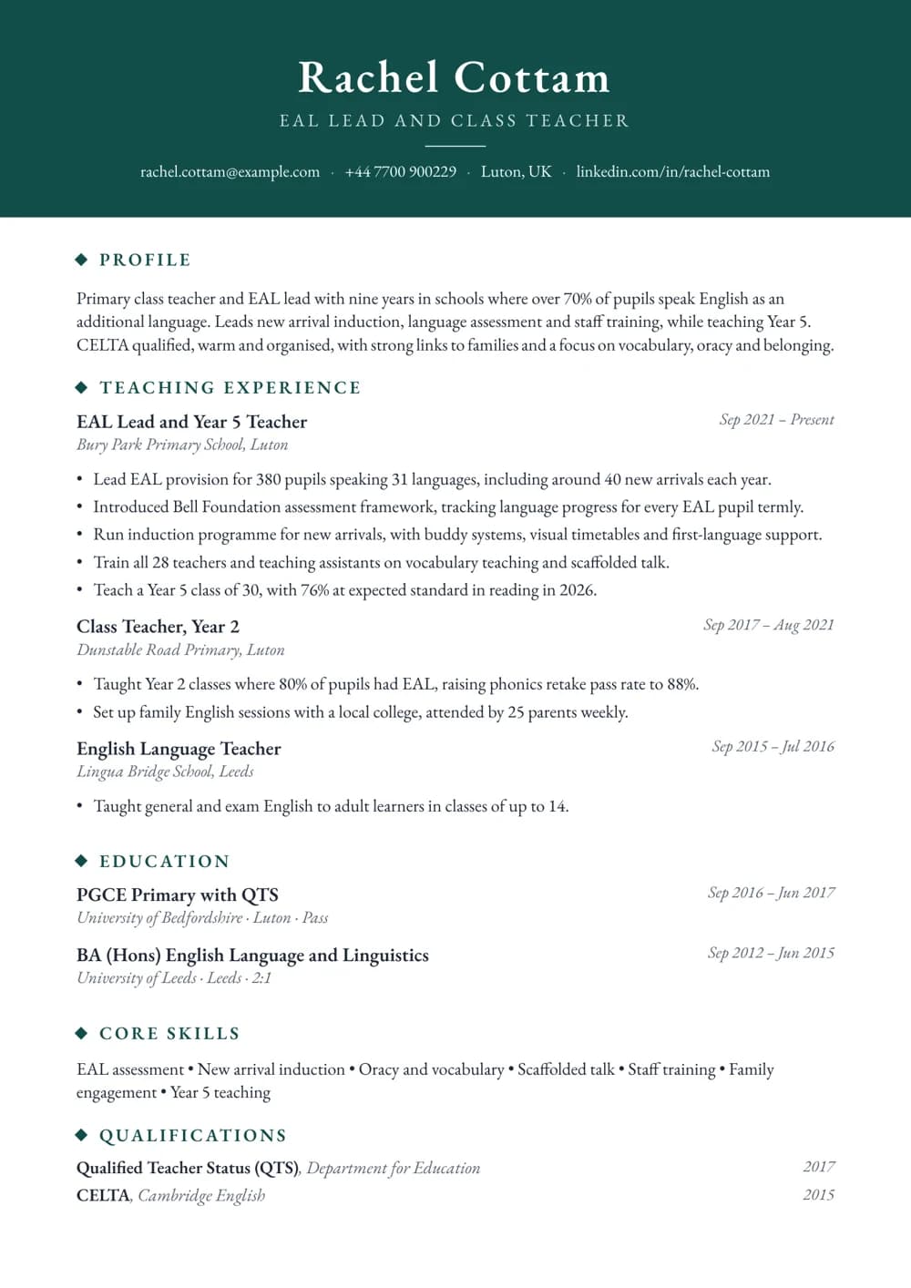 EAL Lead Teacher CV template