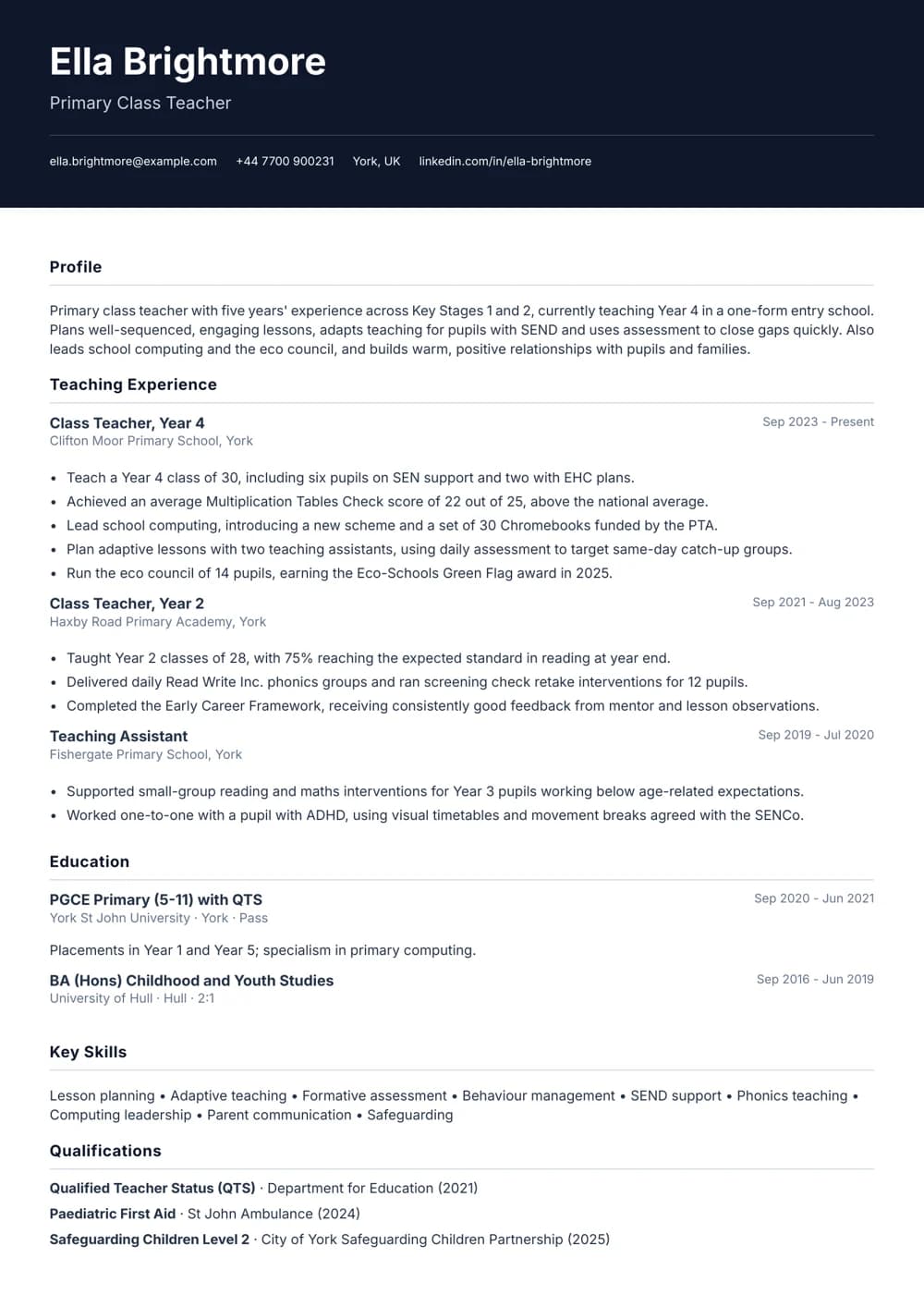 Primary Class Teacher CV template