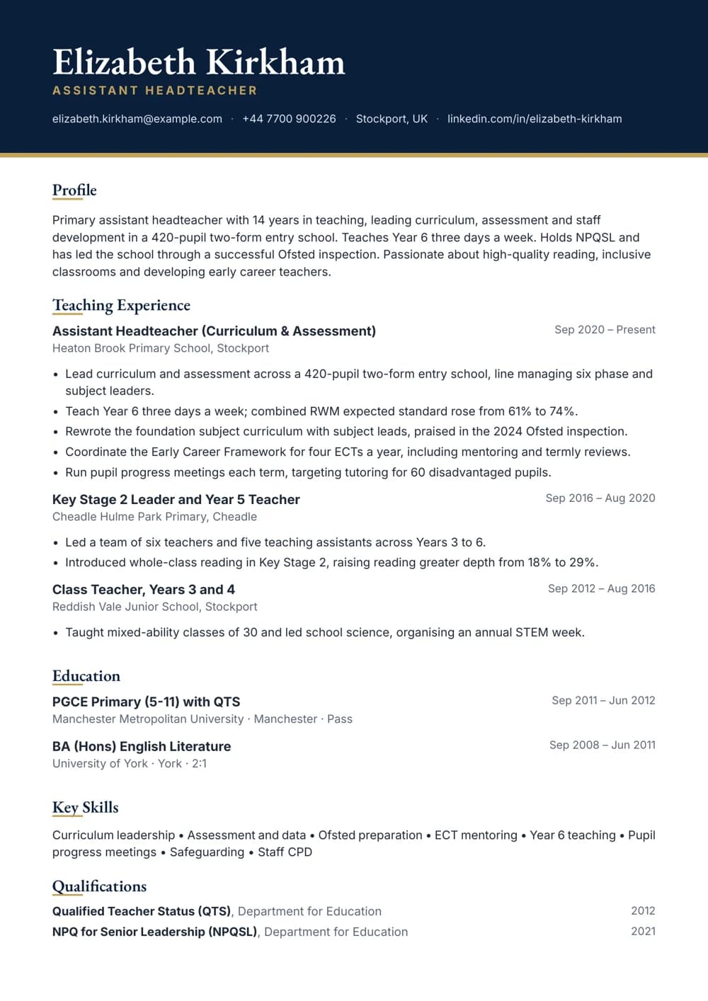 Primary Assistant Headteacher CV template
