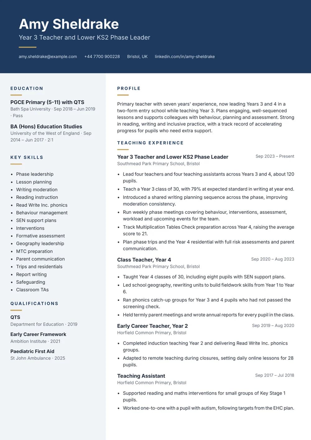 Lower Key Stage 2 Phase Leader CV template