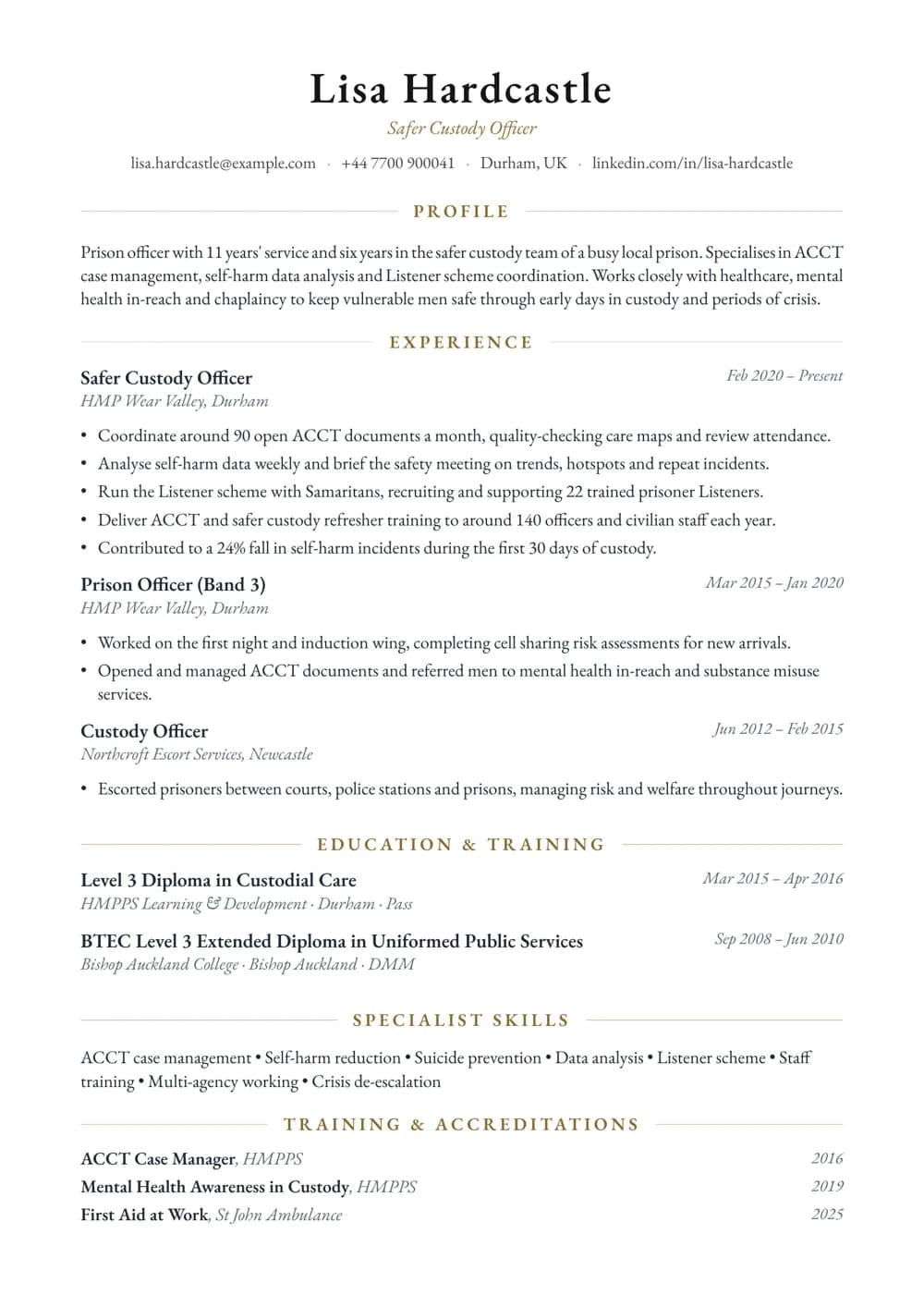 Safer Custody Officer CV template