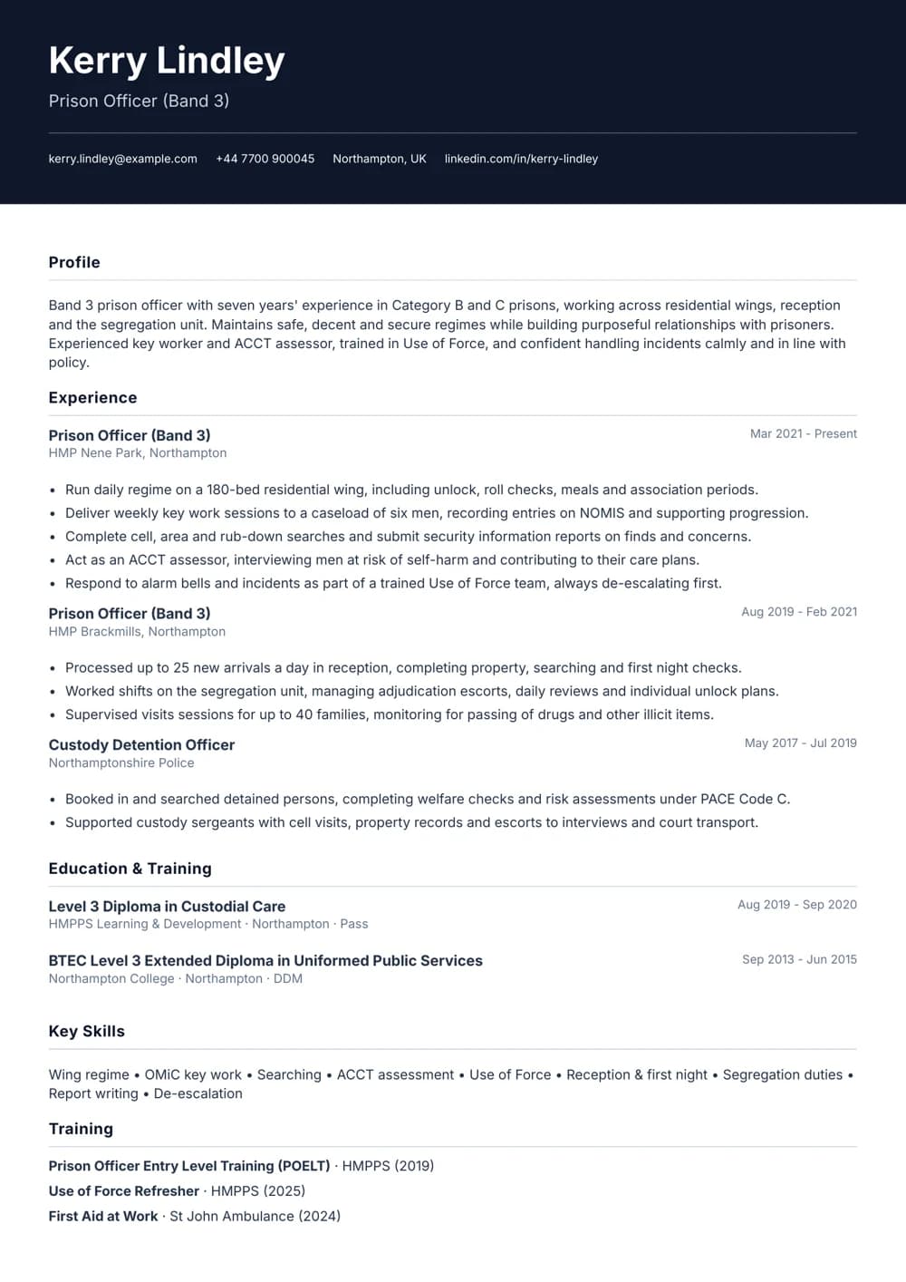 Band 3 Prison Officer CV template