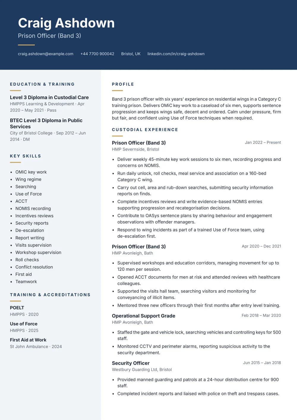 Key Worker Prison Officer CV template