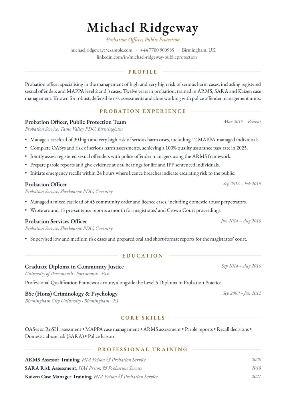 Public Protection Probation Officer CV template