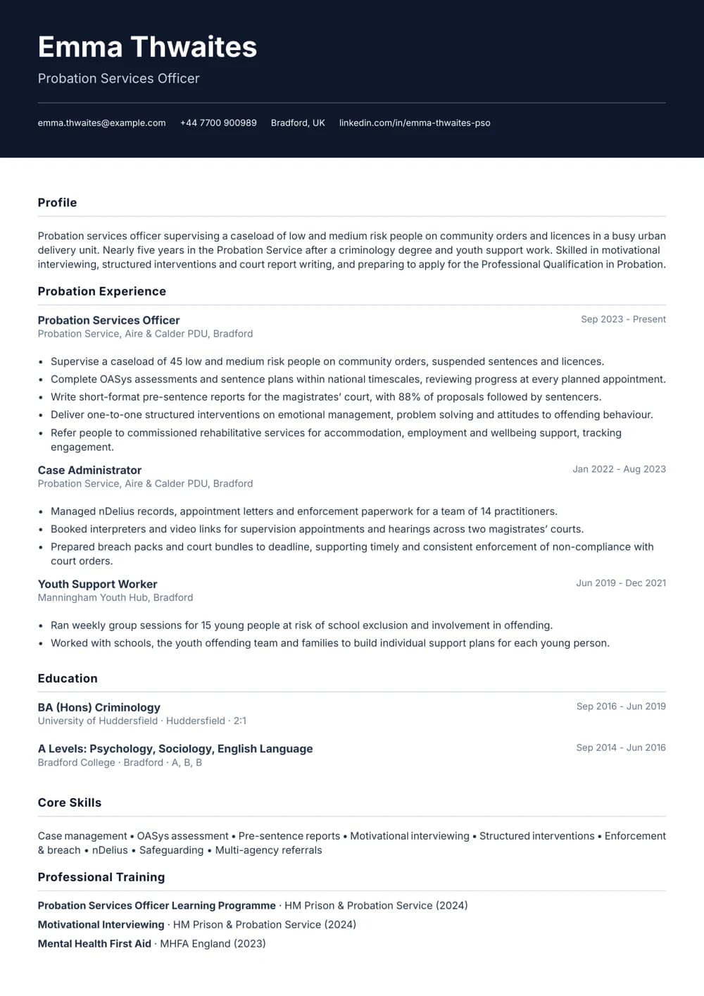 Probation Services Officer CV template