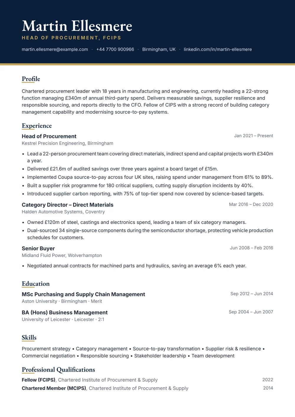 head of procurement cv template