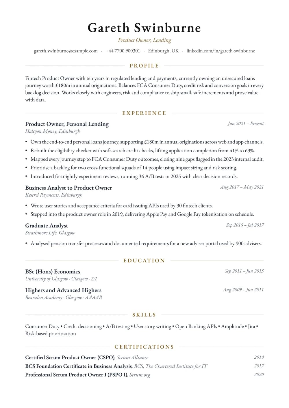 Fintech Product Owner CV template