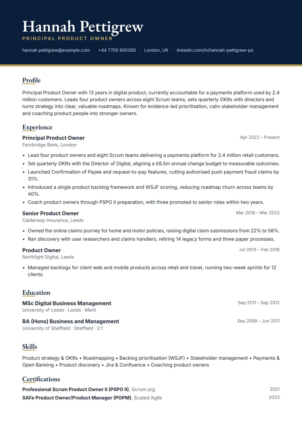 Principal Product Owner CV template
