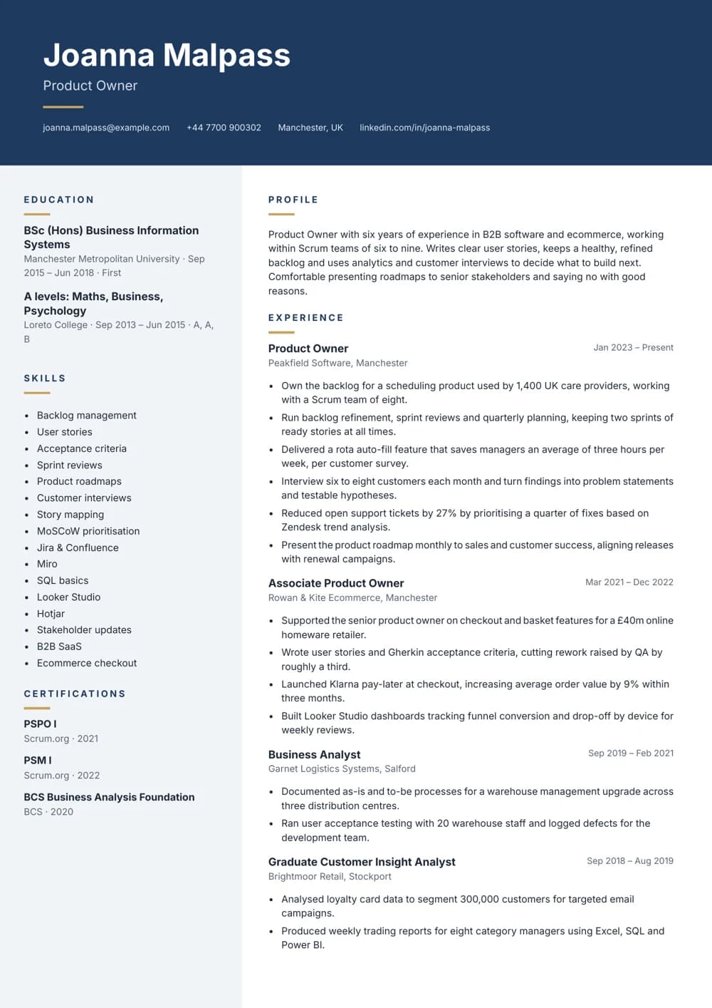 Product Owner (Scrum) CV template