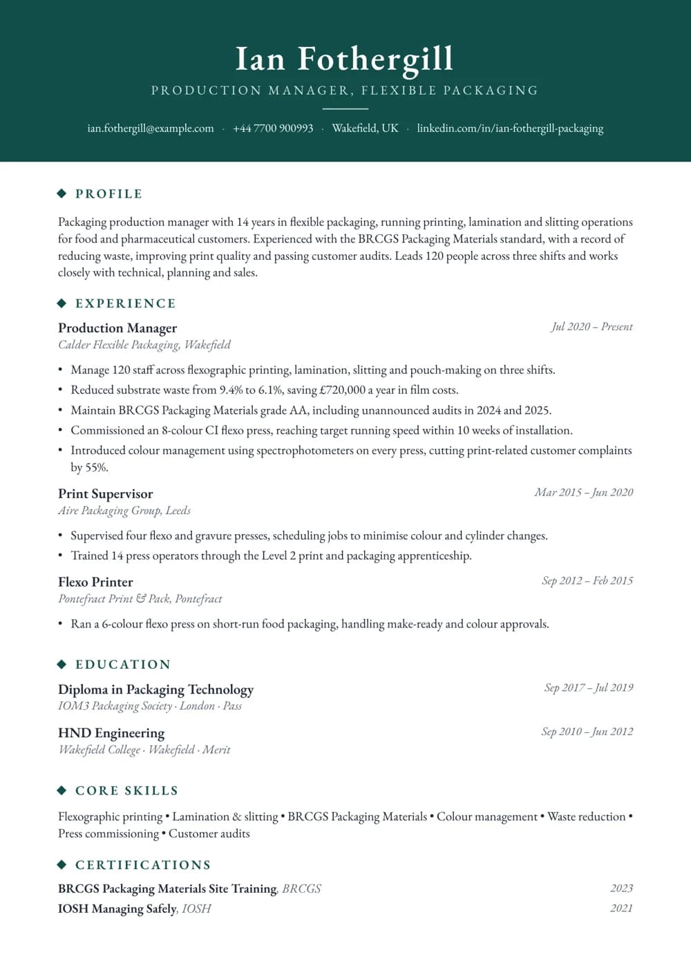Packaging Production Manager CV template