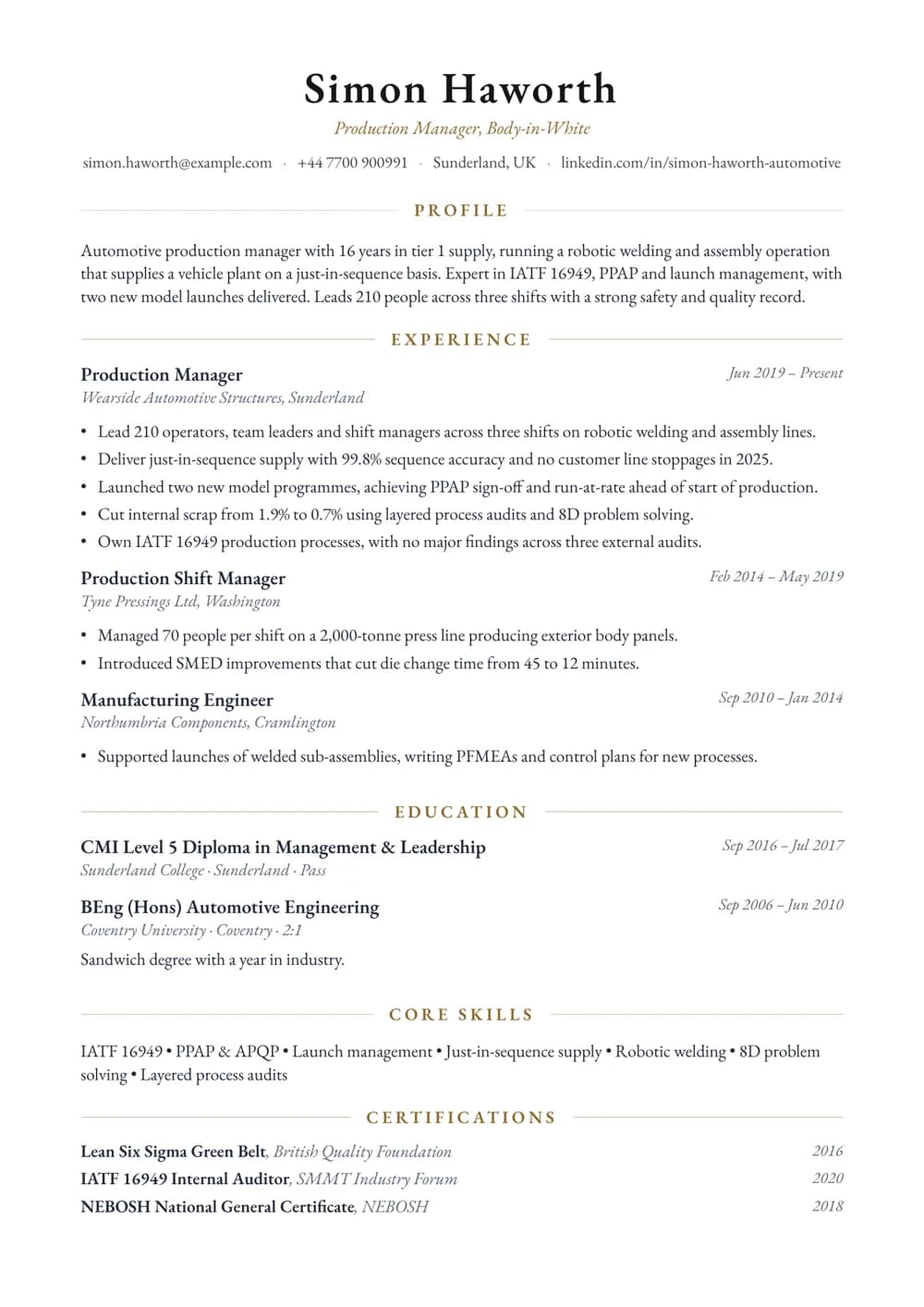 Automotive Production Manager CV template