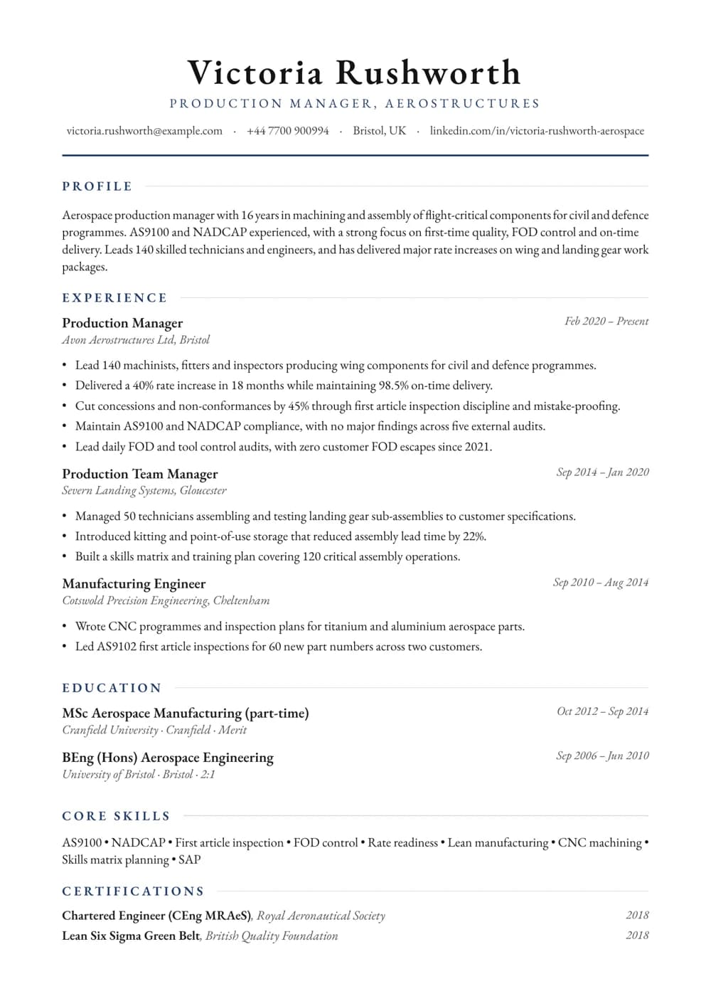 Aerospace Production Manager CV template