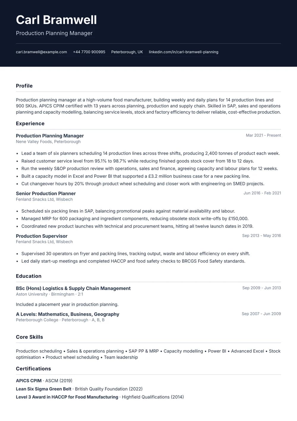 Production Planning Manager CV template