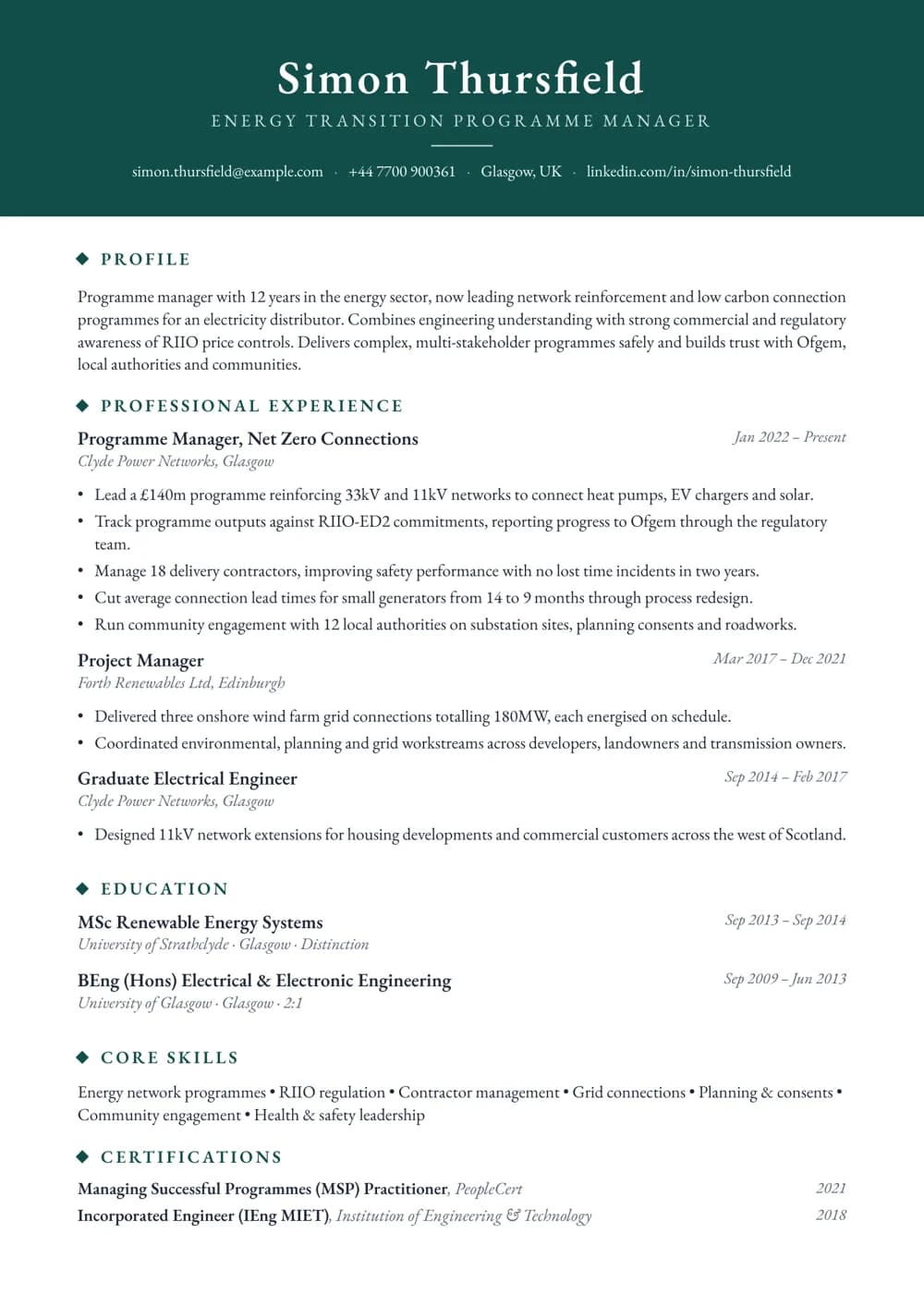 Energy Programme Manager CV template