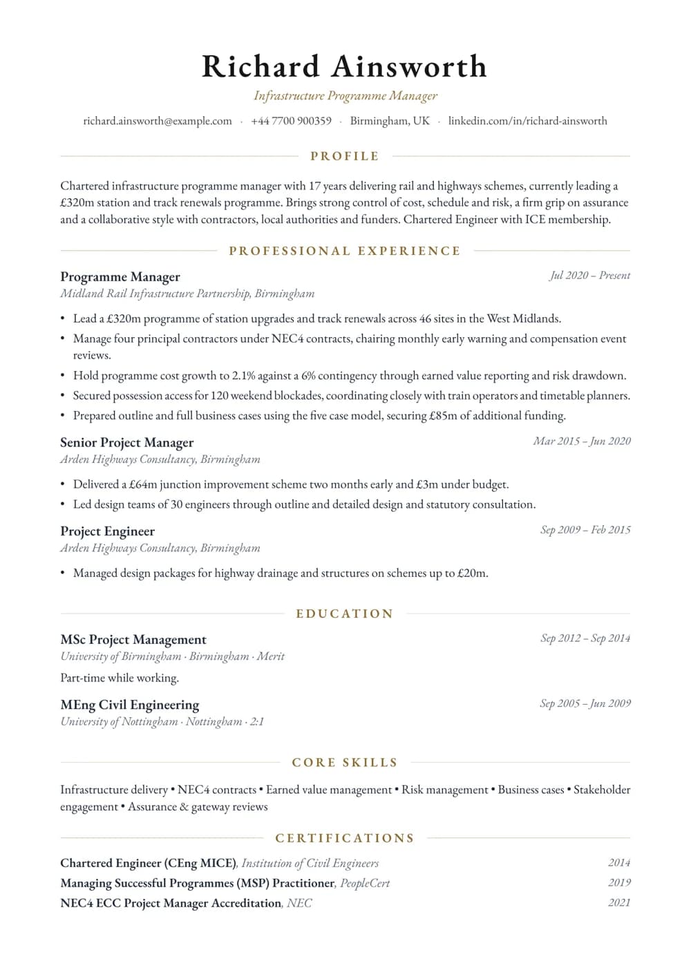 Infrastructure Programme Manager CV template