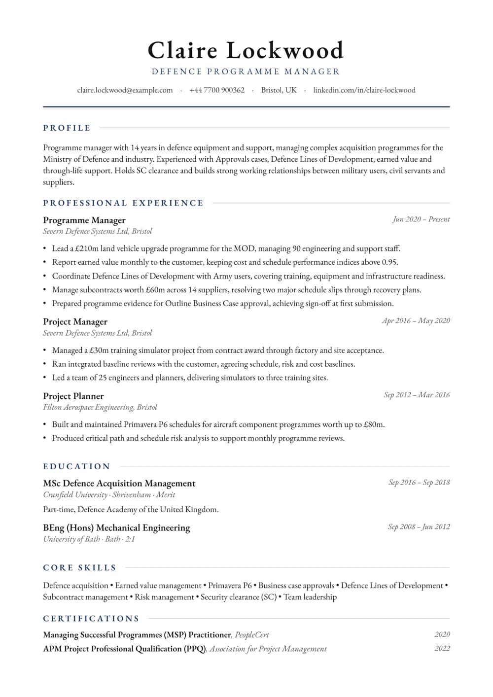 Defence Programme Manager CV template