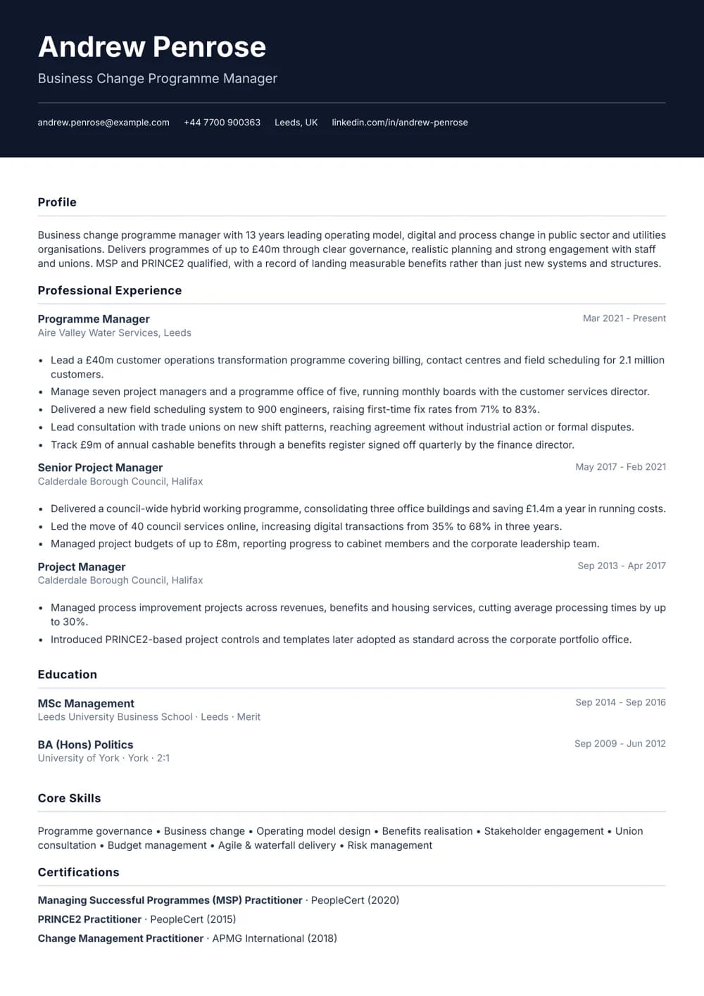 Business Change Programme Manager CV template