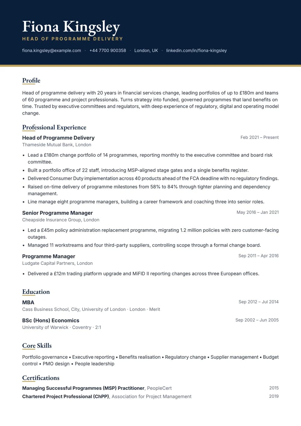 Head of Programme Delivery CV template