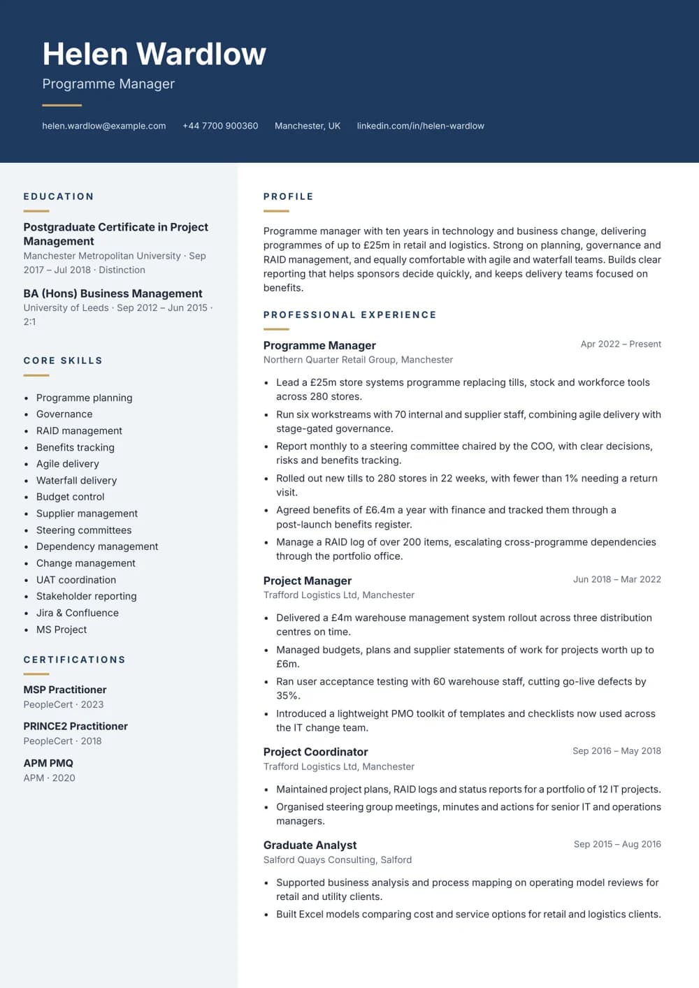 Programme Delivery Manager CV template