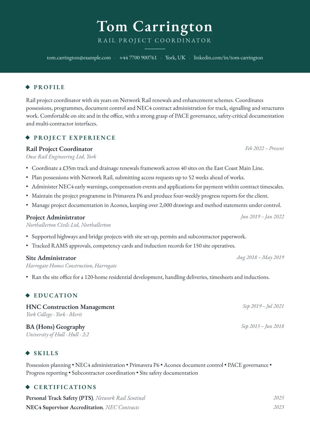 Rail Project Coordinator CV template
