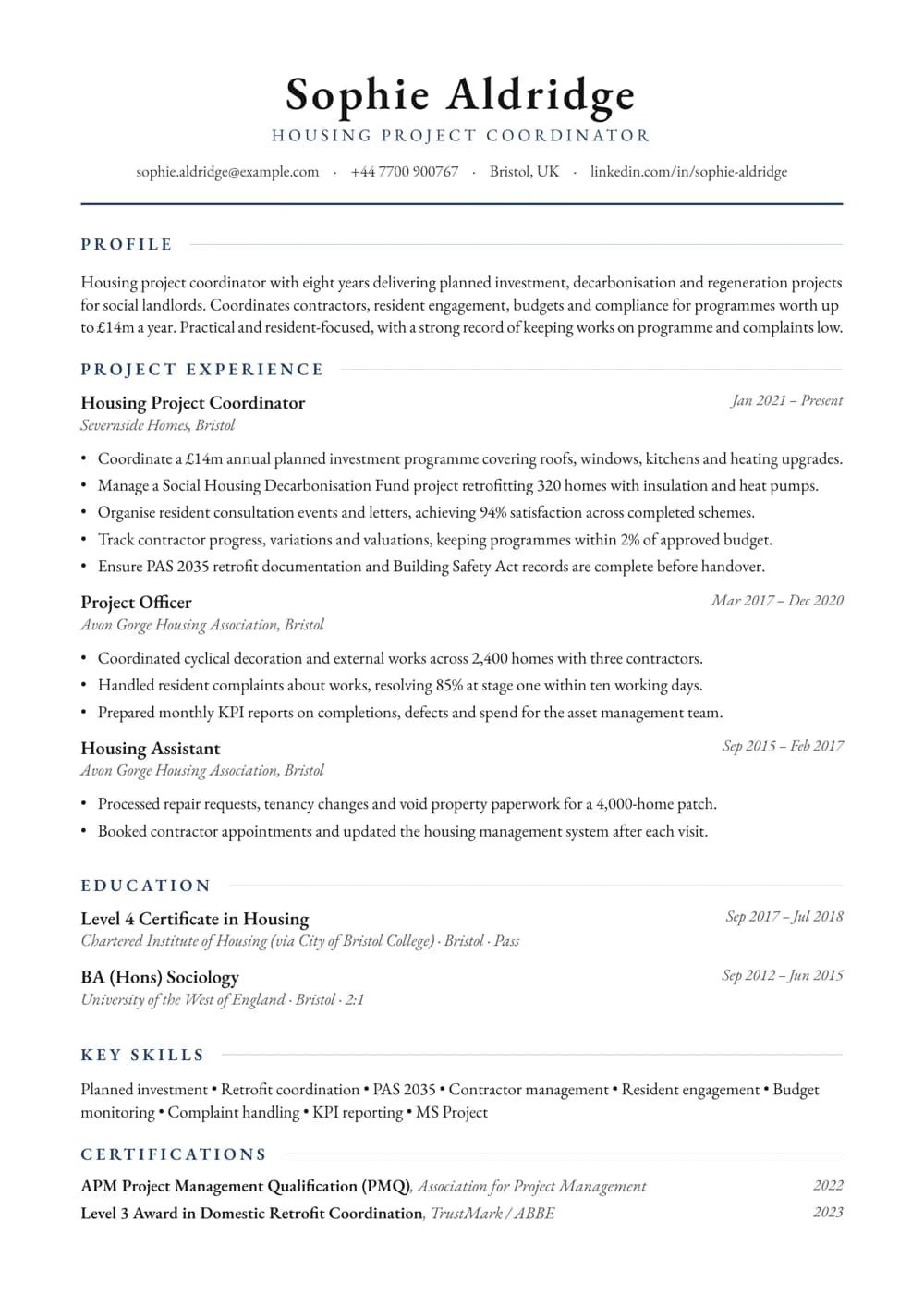 Housing Project Coordinator CV template