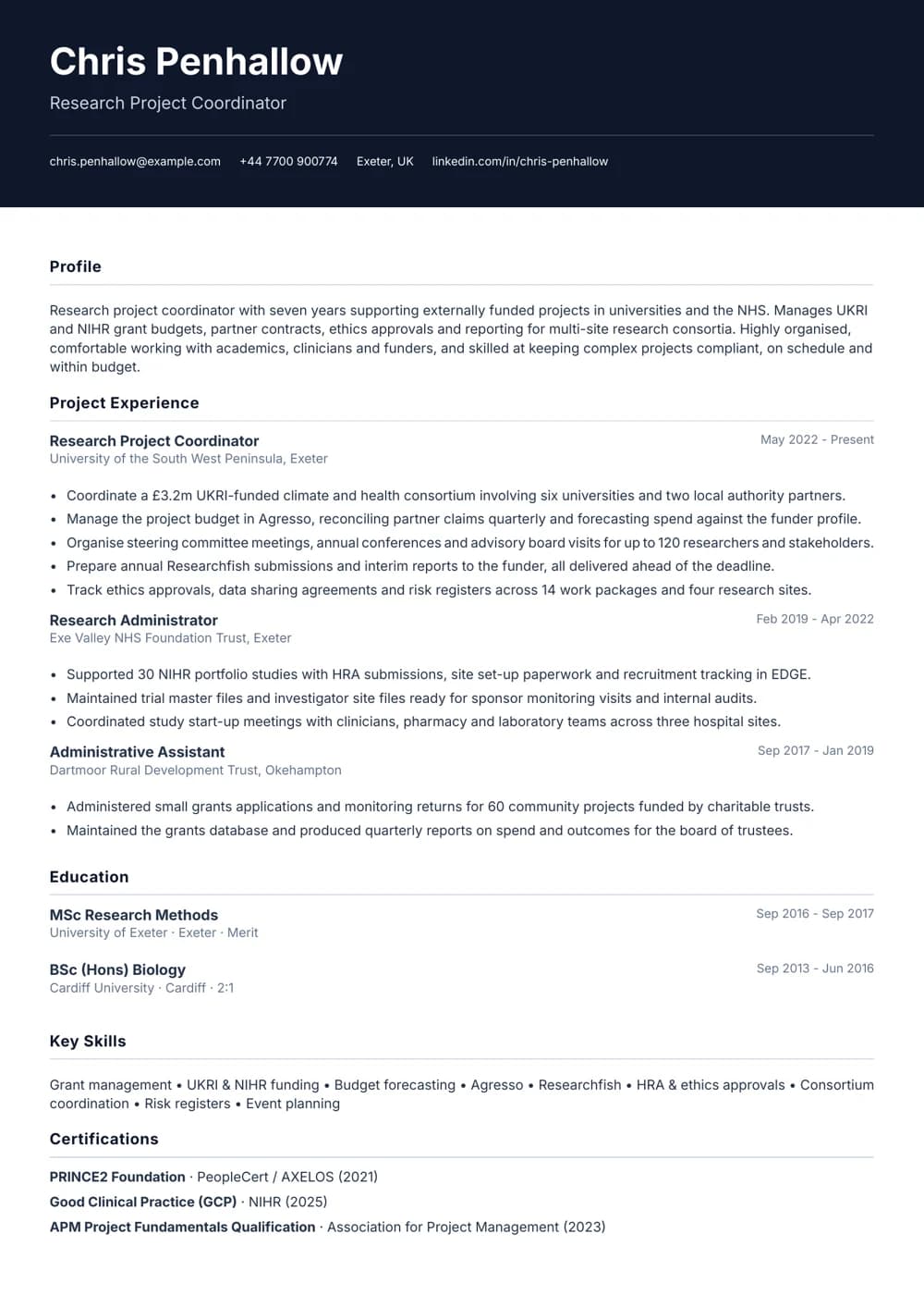 Research Project Coordinator CV template