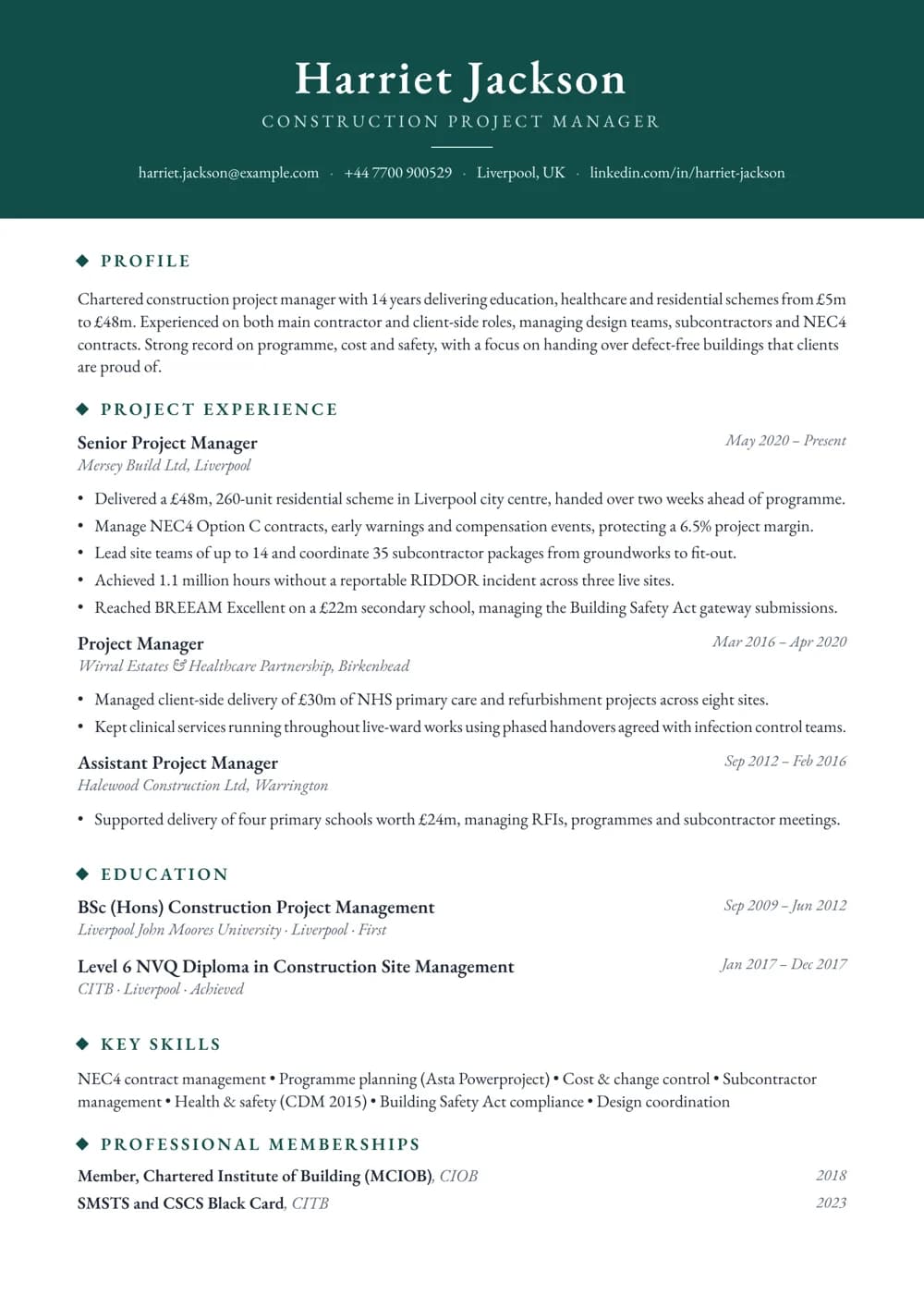 construction project manager cv template