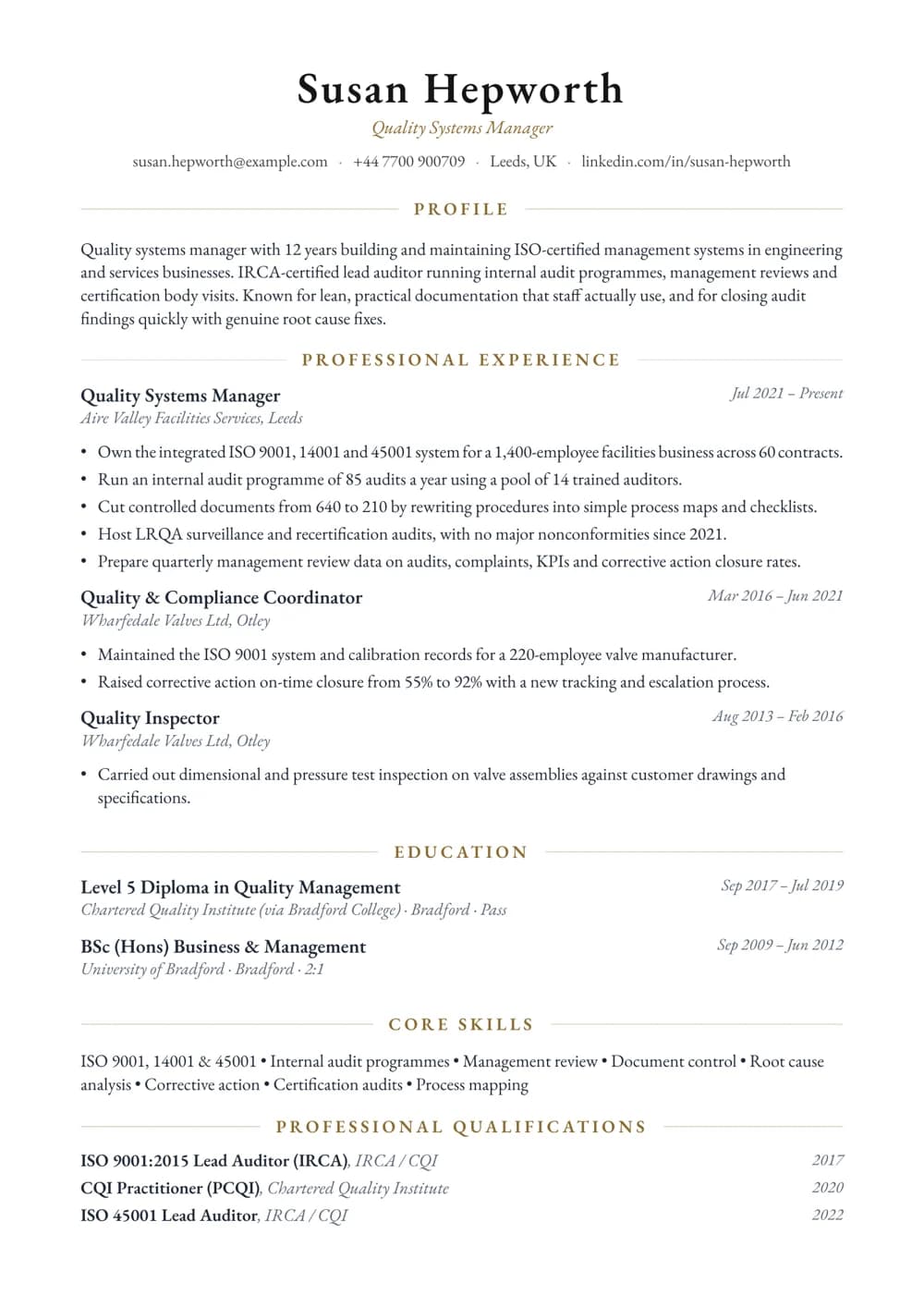 Quality Systems Manager CV template