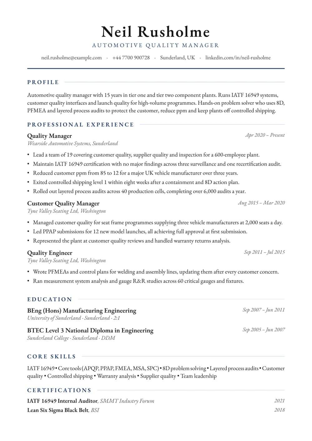 Automotive Quality Manager CV template