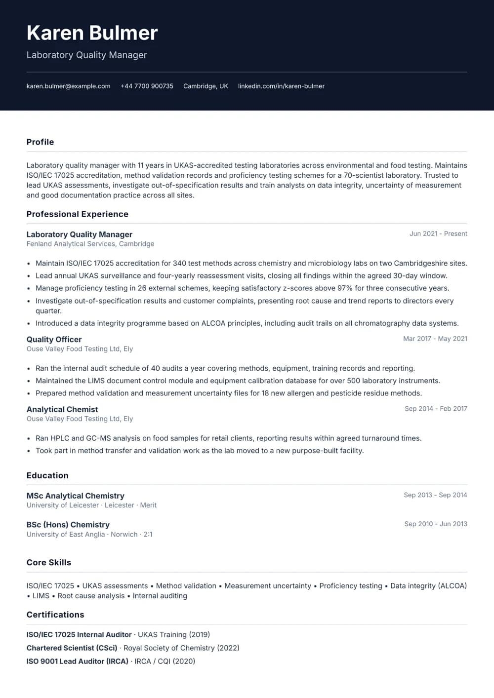 Laboratory Quality Manager CV template