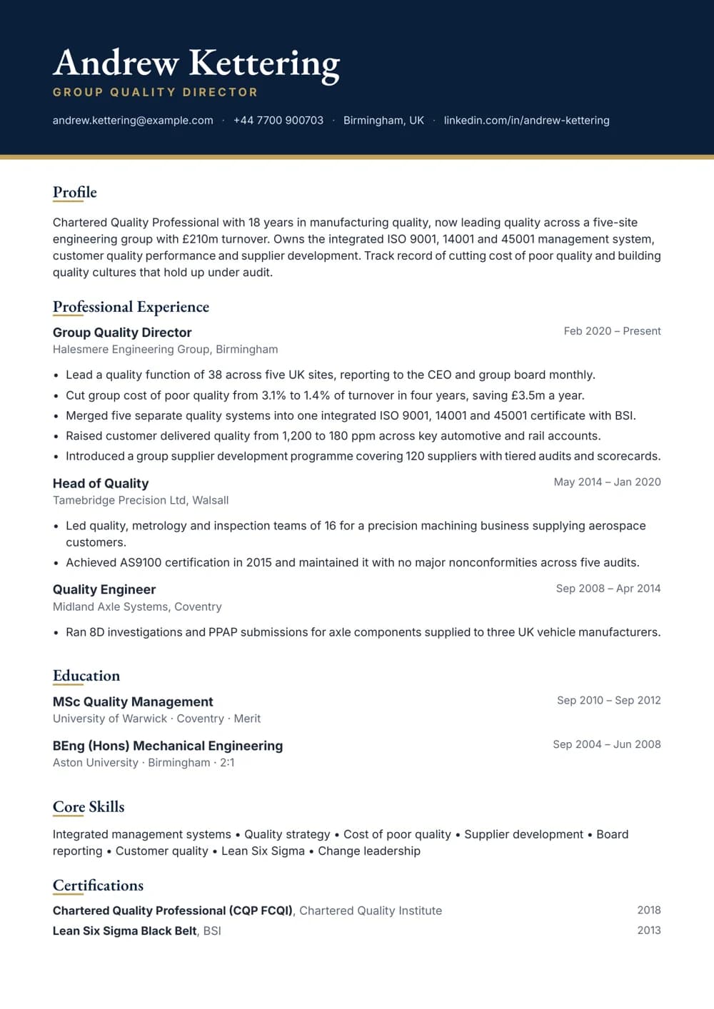 Group Quality Director CV template