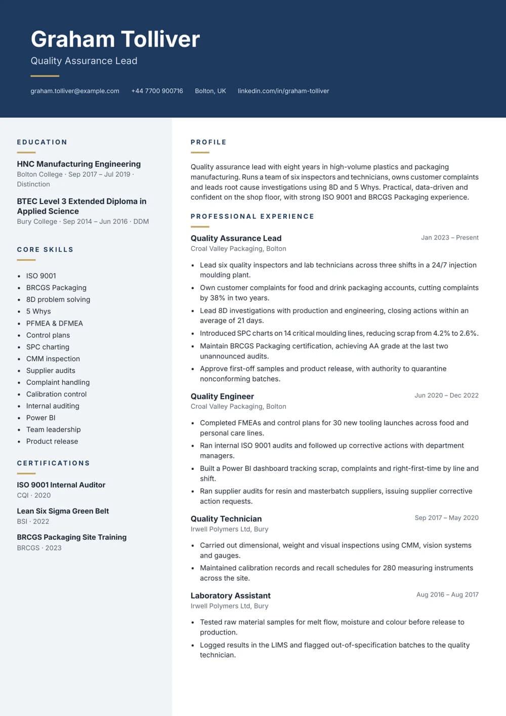 Quality Assurance Lead CV template
