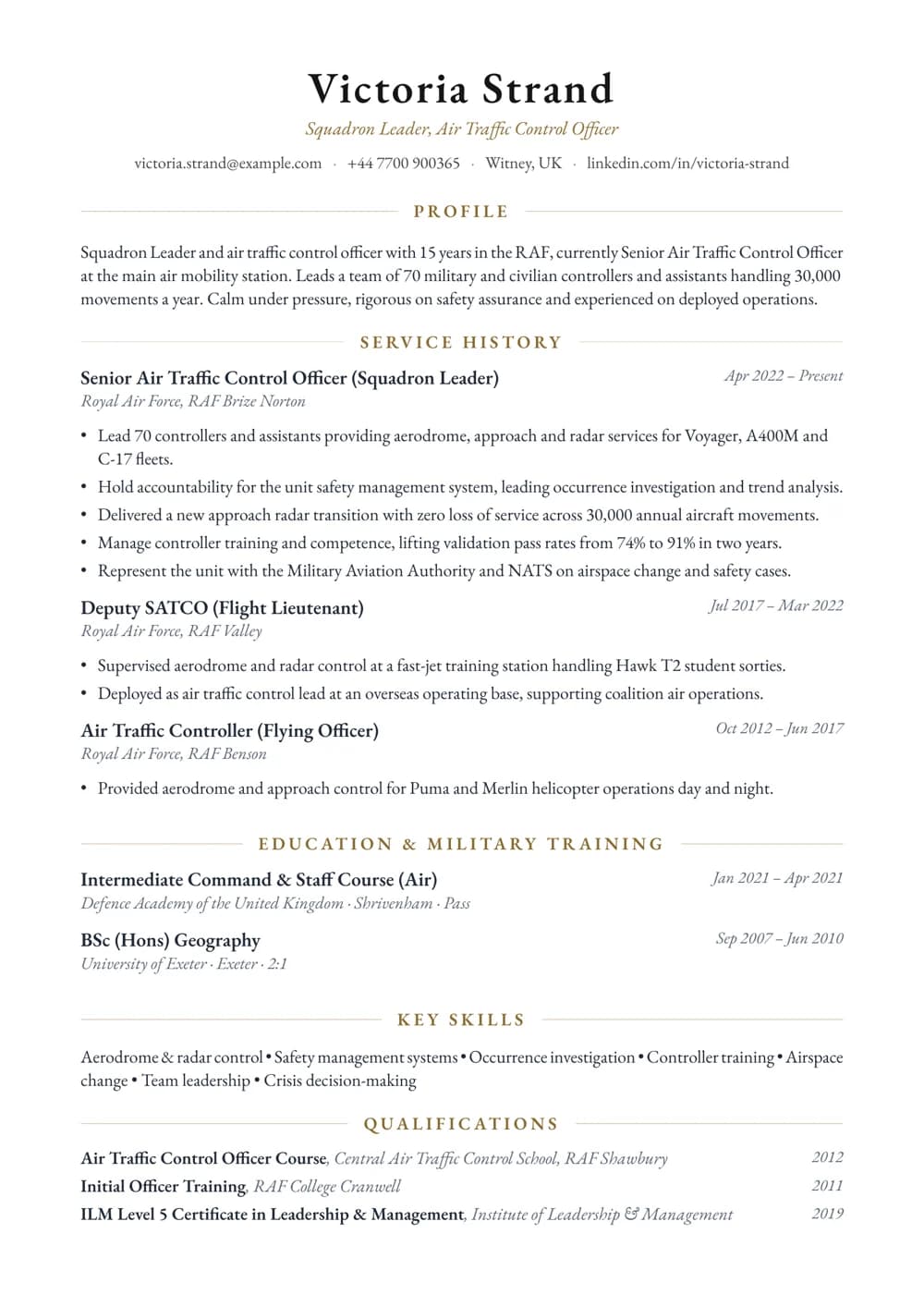 RAF Air Traffic Control Officer CV template