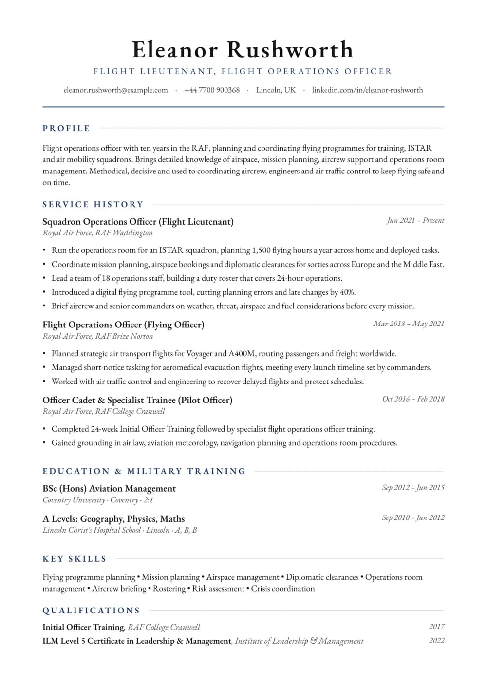 RAF Flight Operations Officer CV template