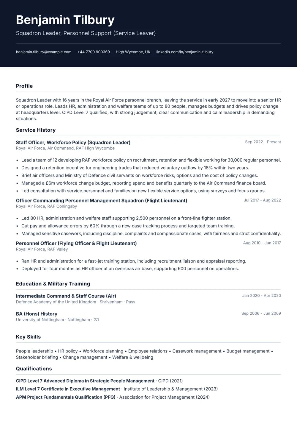 RAF Officer Service Leaver CV template