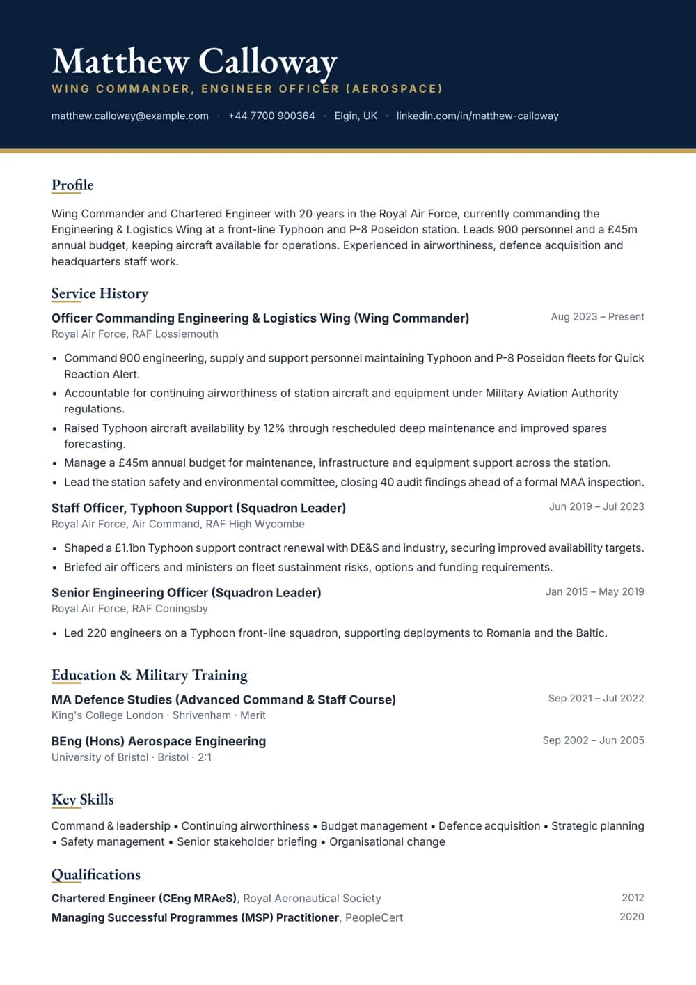 RAF Wing Commander CV template