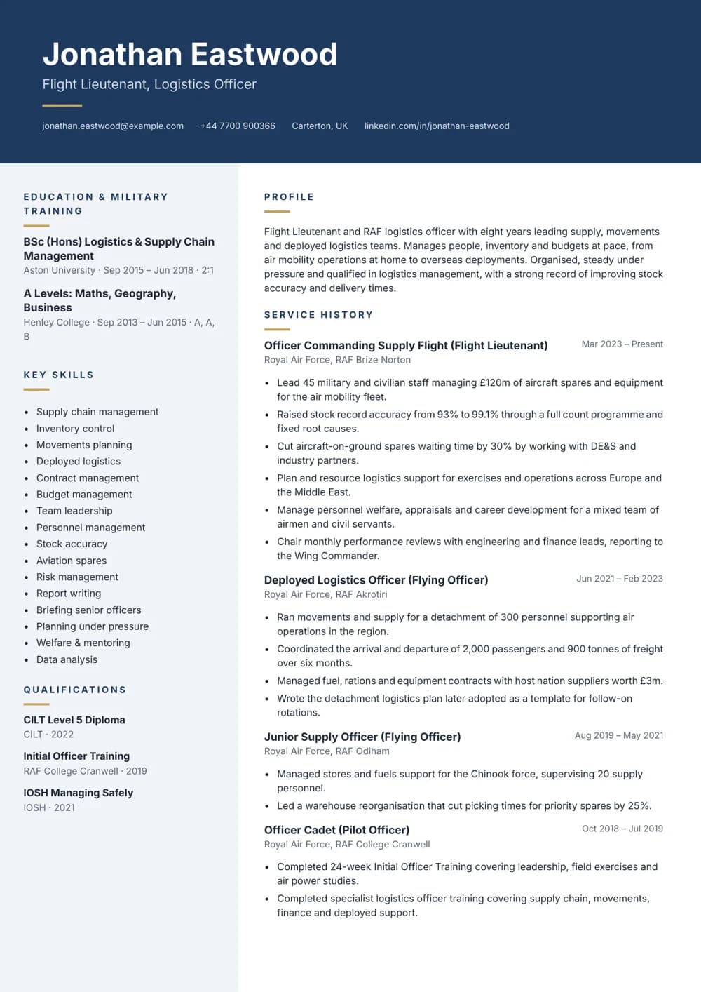 RAF Flight Lieutenant CV template