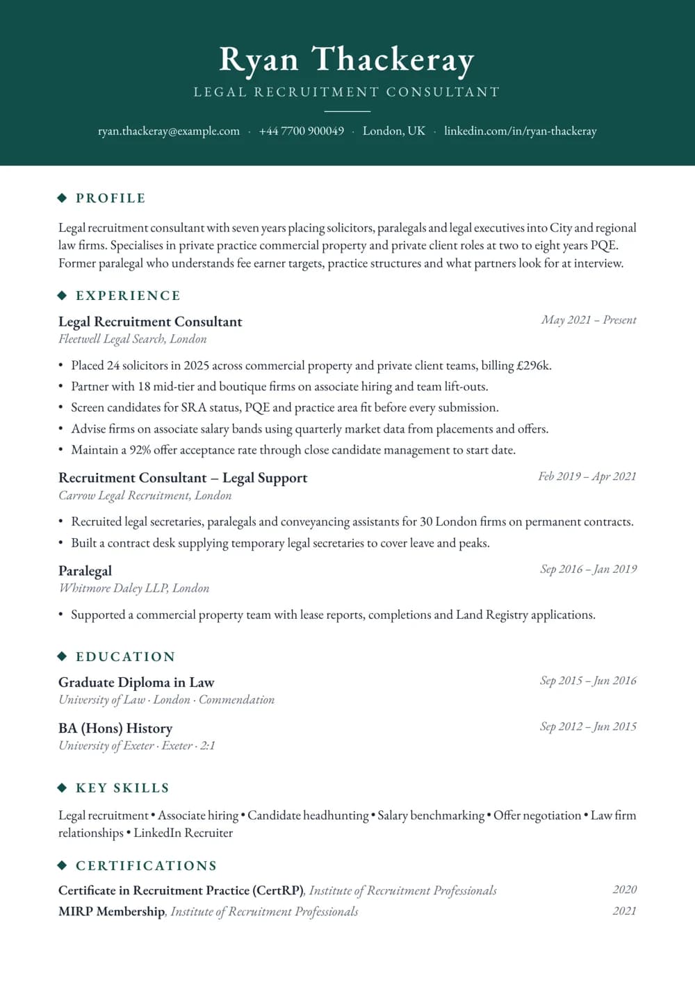 Legal Recruitment Consultant CV template