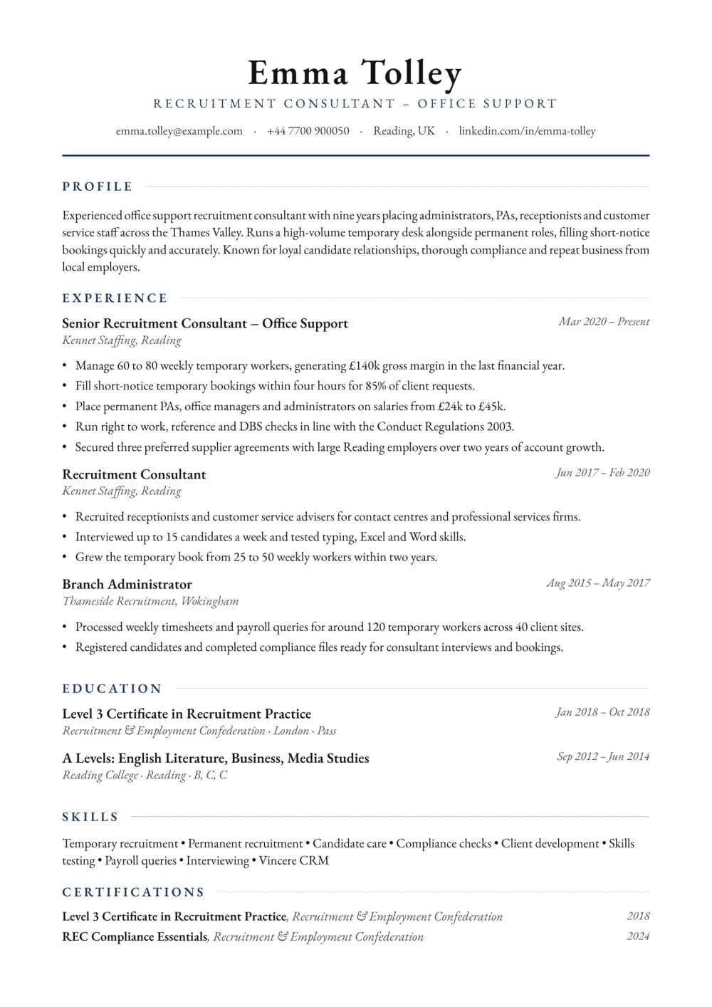 Office Support Recruitment Consultant CV template