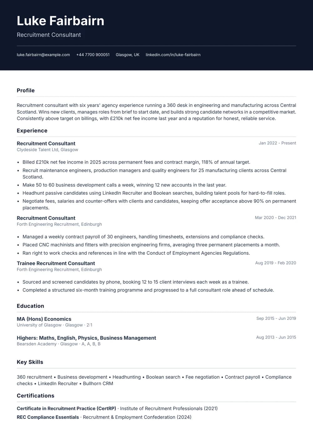 360 Recruitment Consultant CV template