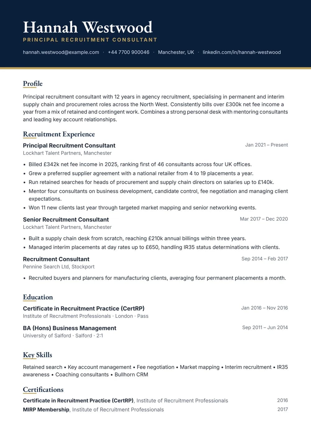 Principal Recruitment Consultant CV template