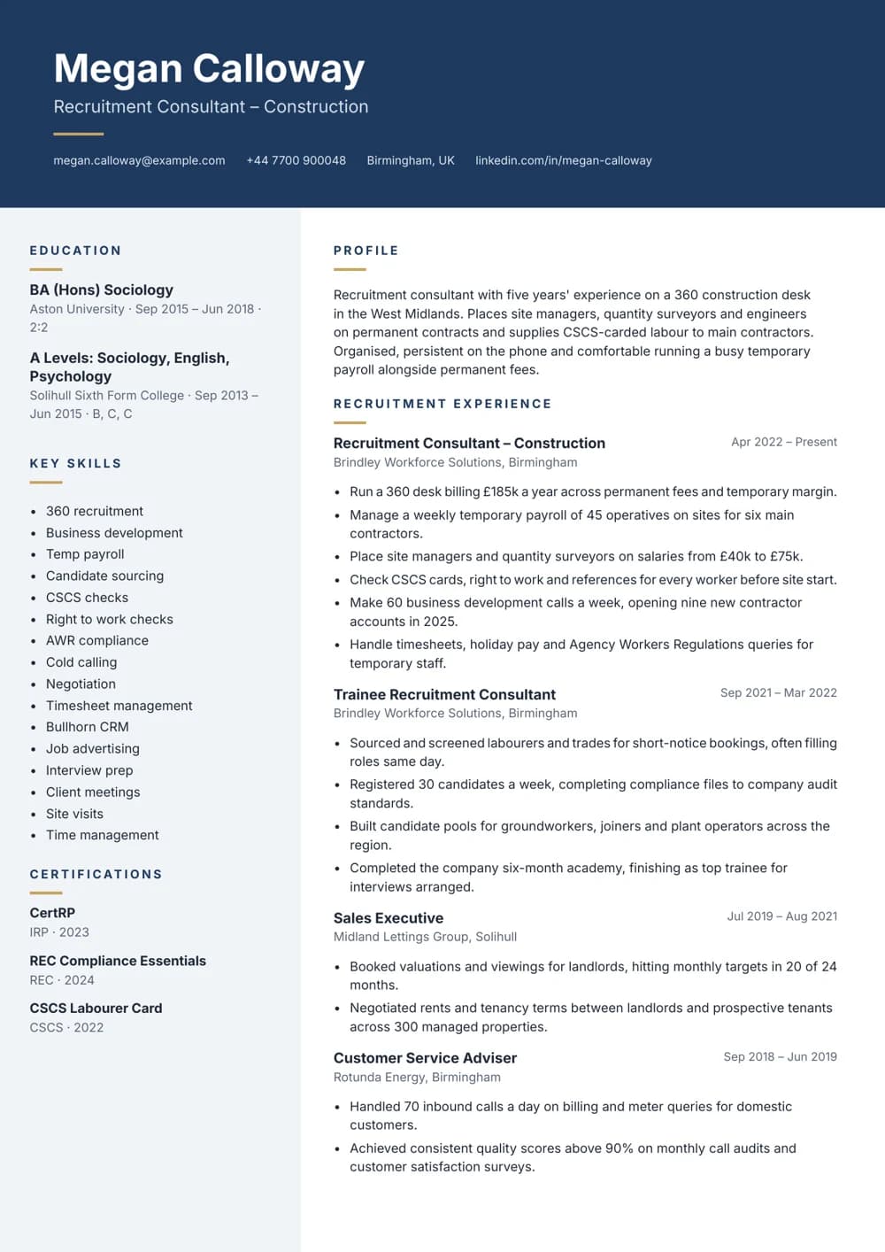 Construction Recruitment Consultant CV template