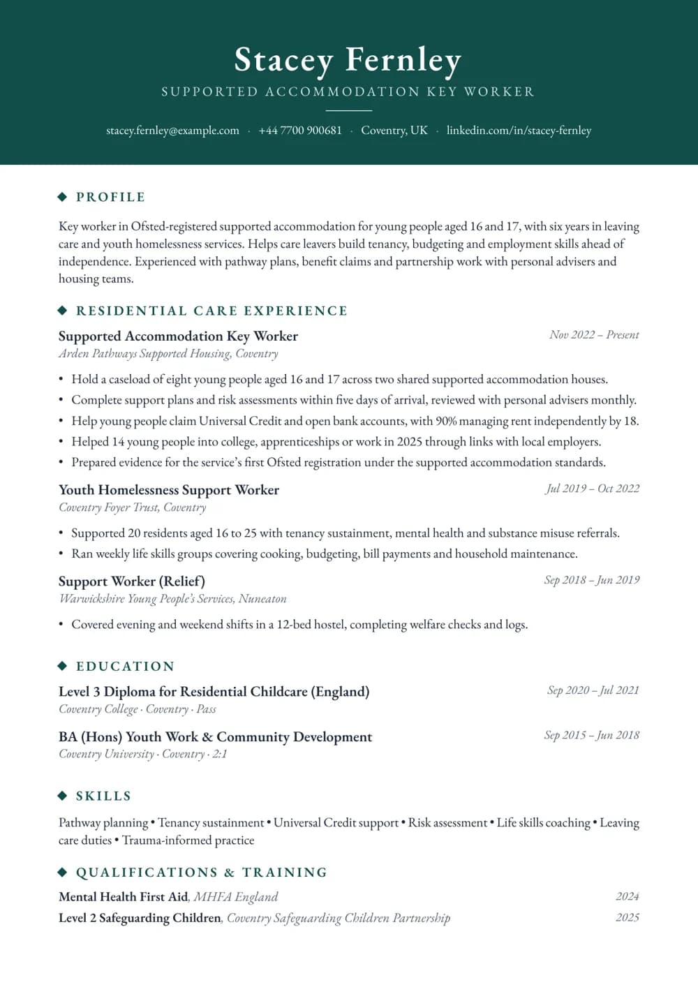Supported Accommodation Key Worker CV template