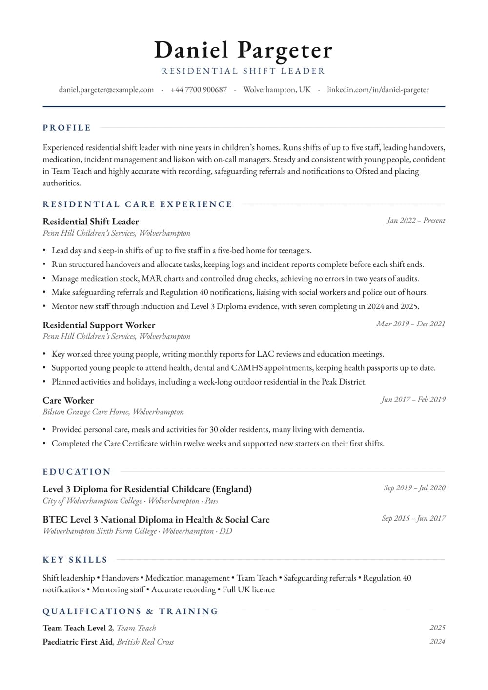 Residential Shift Leader CV template