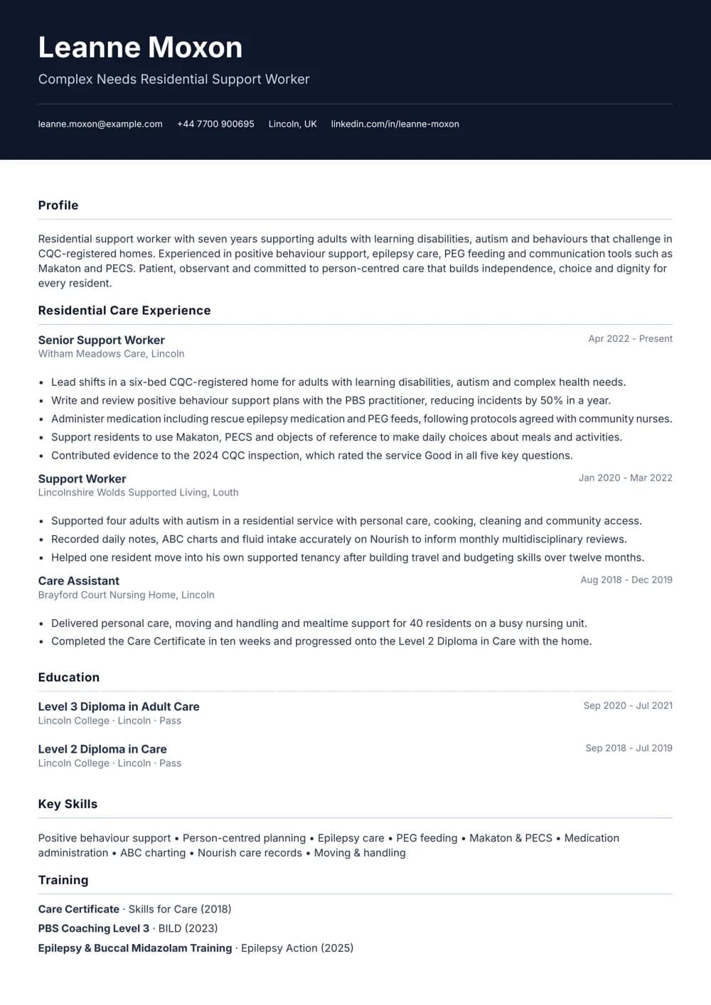 Complex Needs Support Worker CV template